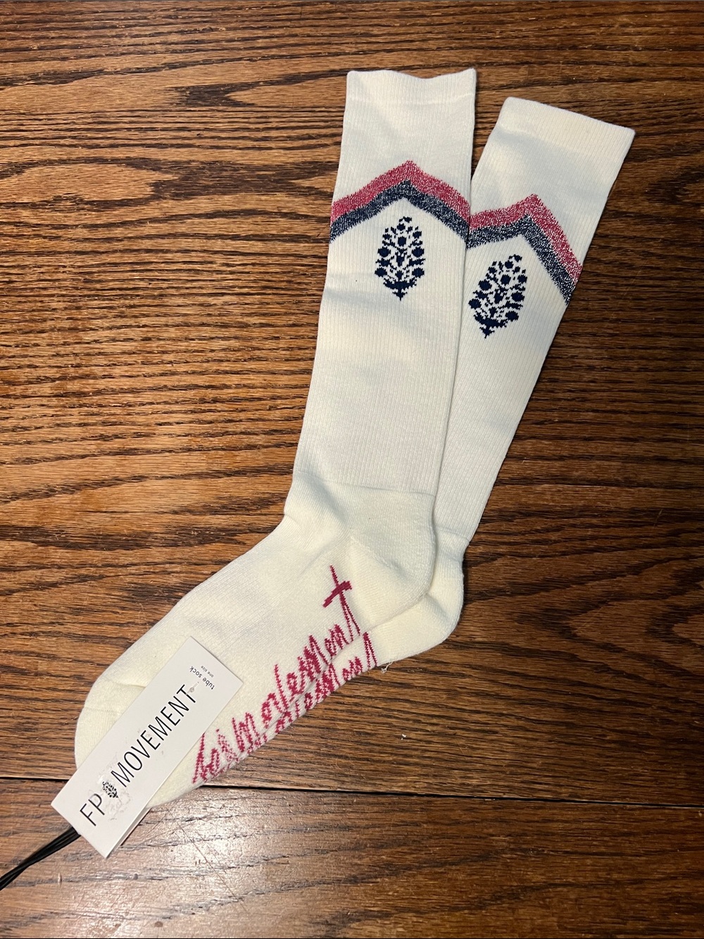 FP Movement by Free People White tube Socks with Pink Script & Navy Motif